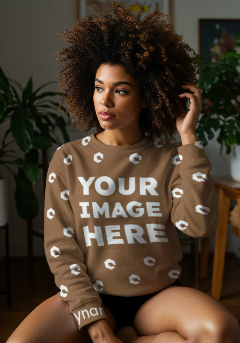 Woman Wearing Brown Sweatshirt Mockup Front View Template
