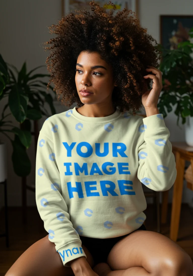 Woman Wearing Cream Sweatshirt Mockup Front View Template