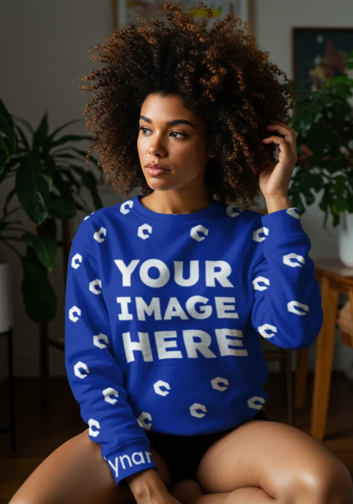 Woman Wearing Dark Blue Sweatshirt Mockup Front View Template
