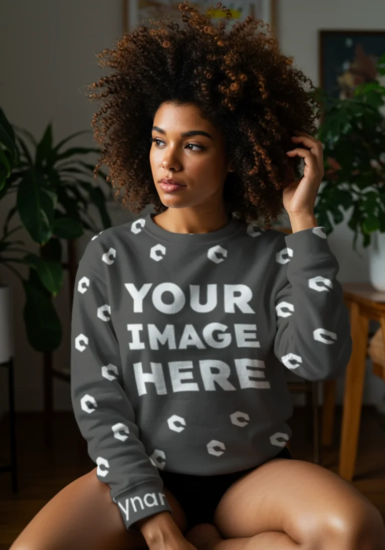 Woman Wearing Dark Gray Sweatshirt Mockup Front View Template