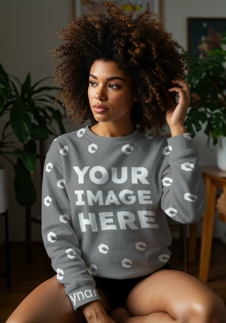 Woman Wearing Gray Sweatshirt Mockup Front View Template