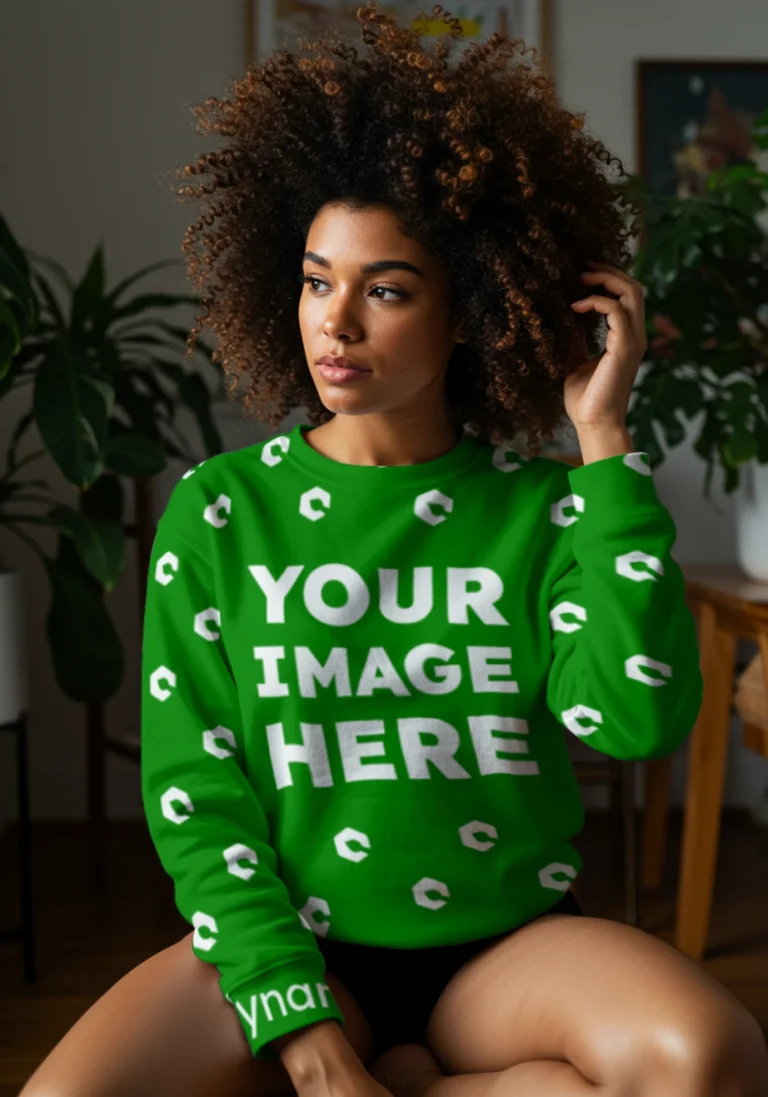 Woman Wearing Green Sweatshirt Mockup Front View Template