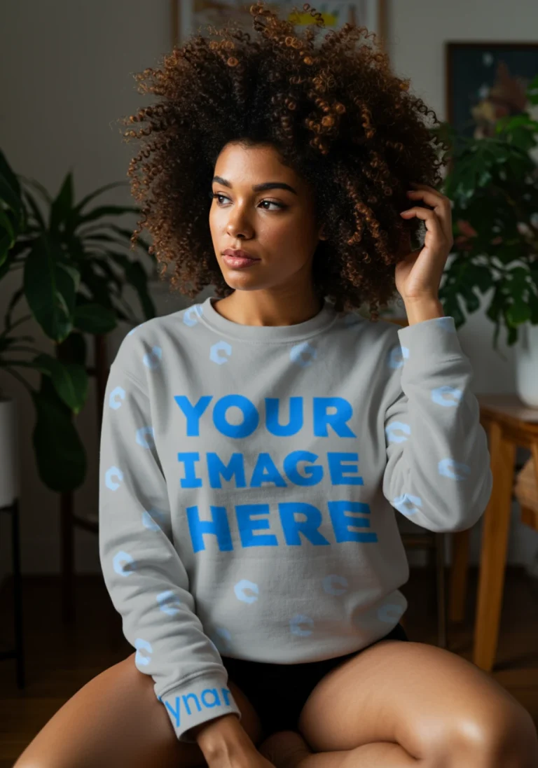 Woman Wearing Light Gray Sweatshirt Mockup Front View Template