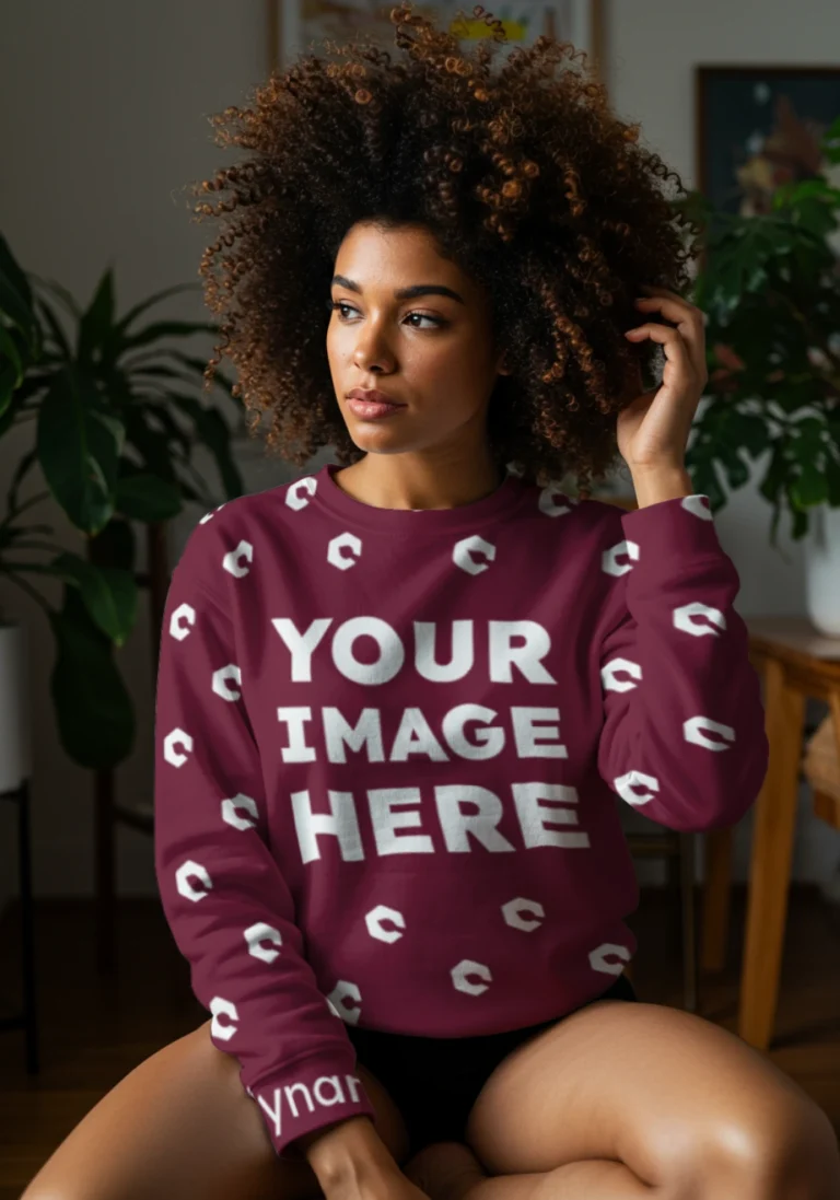 Woman Wearing Maroon Sweatshirt Mockup Front View Template
