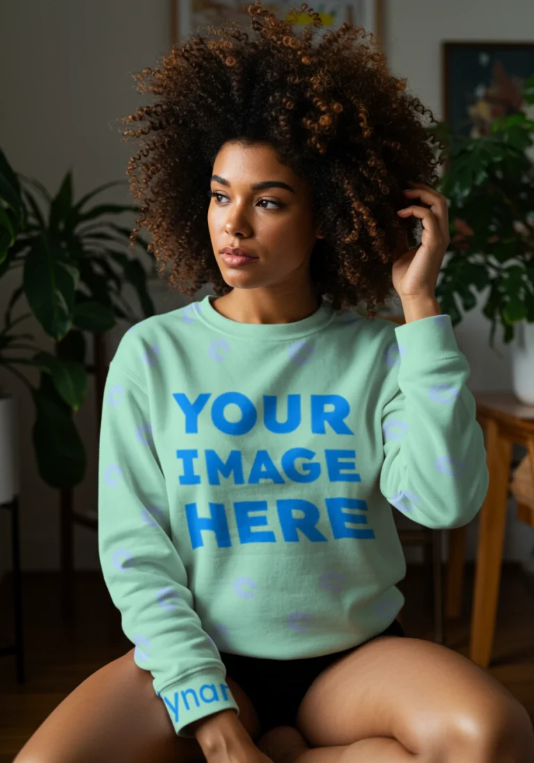 Woman Wearing Mint Sweatshirt Mockup Front View Template