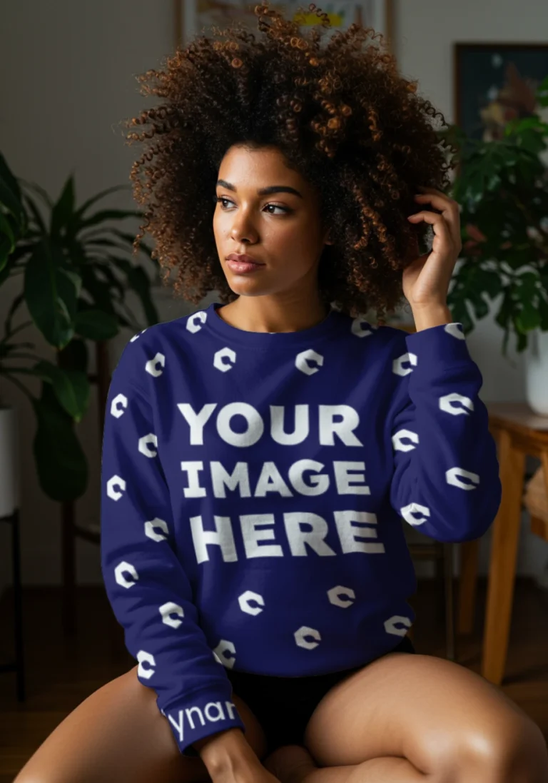 Woman Wearing Navy Blue Sweatshirt Mockup Front View Template