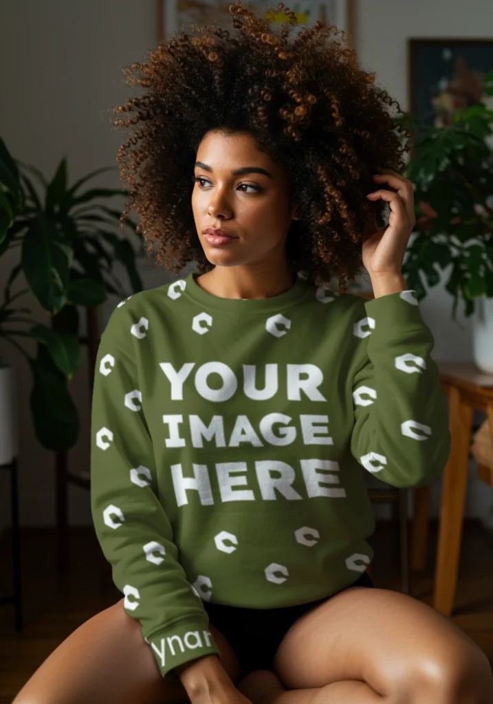 Woman Wearing Olive Green Sweatshirt Mockup Front View Template