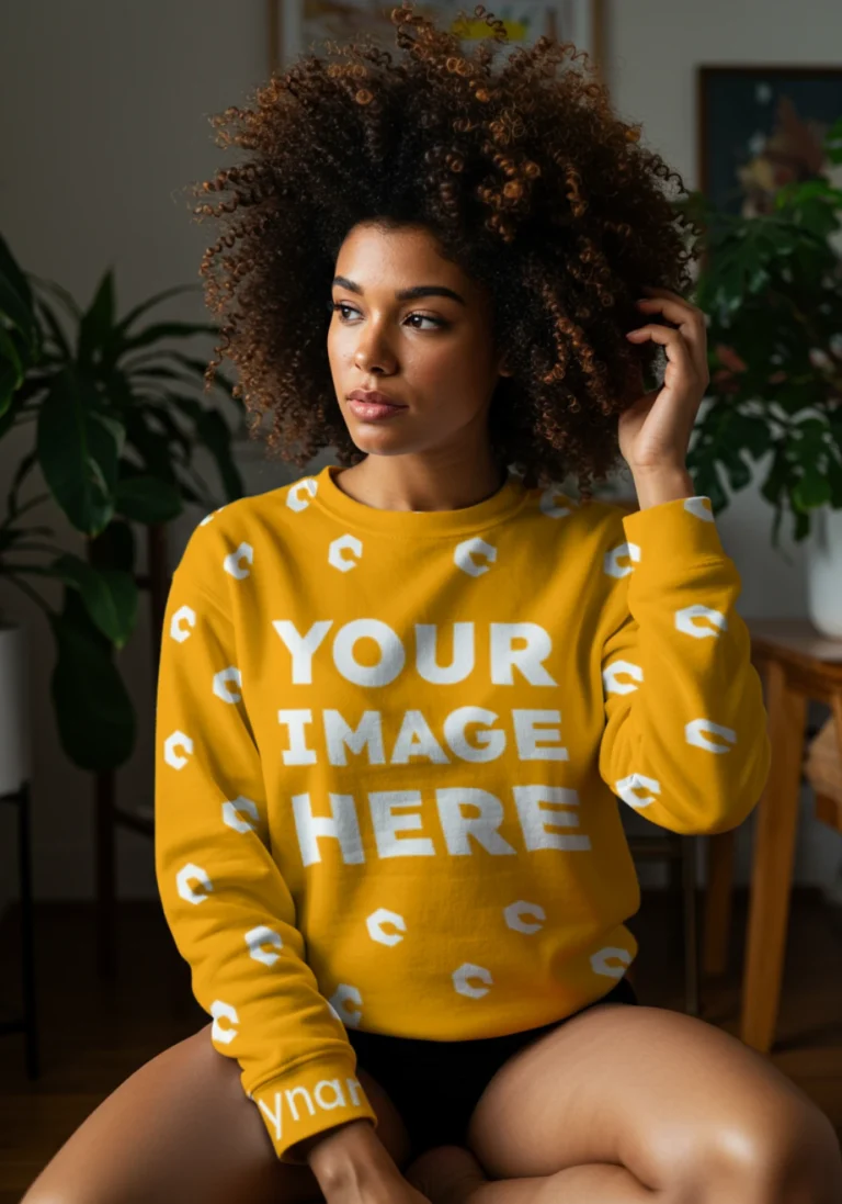 Woman Wearing Orange Sweatshirt Mockup Front View Template
