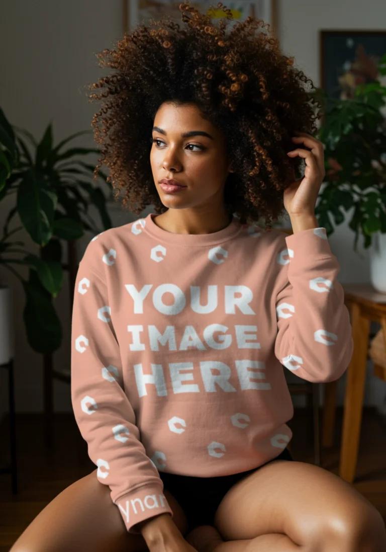 Woman Wearing Peach Sweatshirt Mockup Front View Template