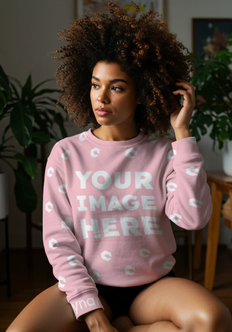Woman Wearing Pink Sweatshirt Mockup Front View Template