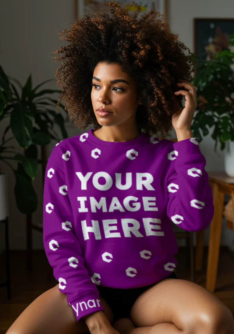 Woman Wearing Purple Sweatshirt Mockup Front View Template