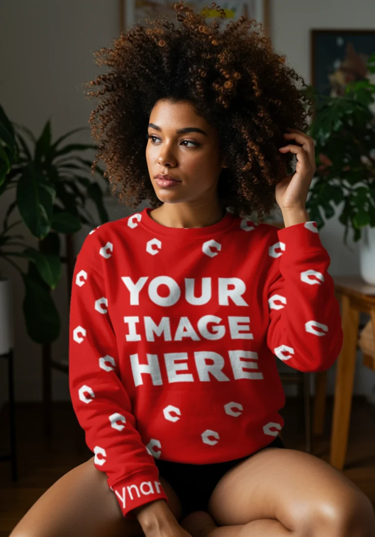 Woman Wearing Red Sweatshirt Mockup Front View Template