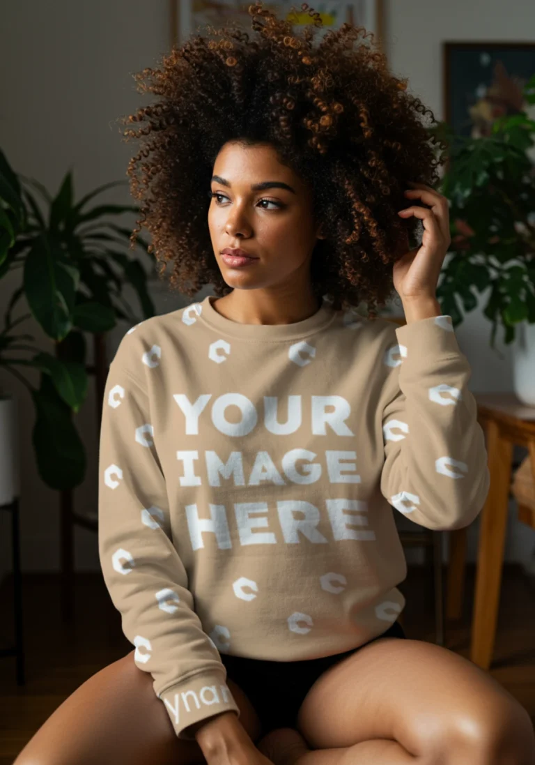 Woman Wearing Tan Sweatshirt Mockup Front View Template