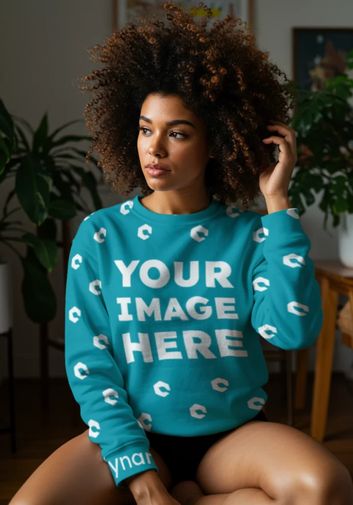 Woman Wearing Teal Sweatshirt Mockup Front View Template