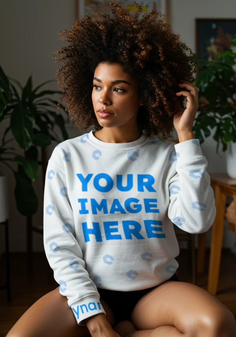 Woman Wearing White Sweatshirt Mockup Front View Template