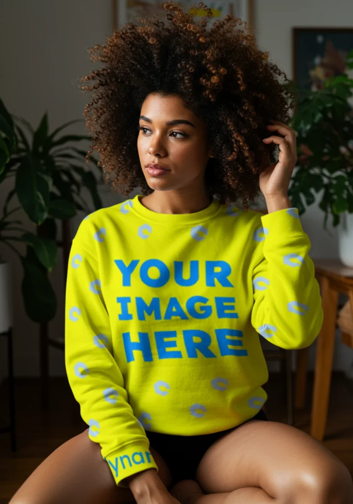Woman Wearing Yellow Sweatshirt Mockup Front View Template