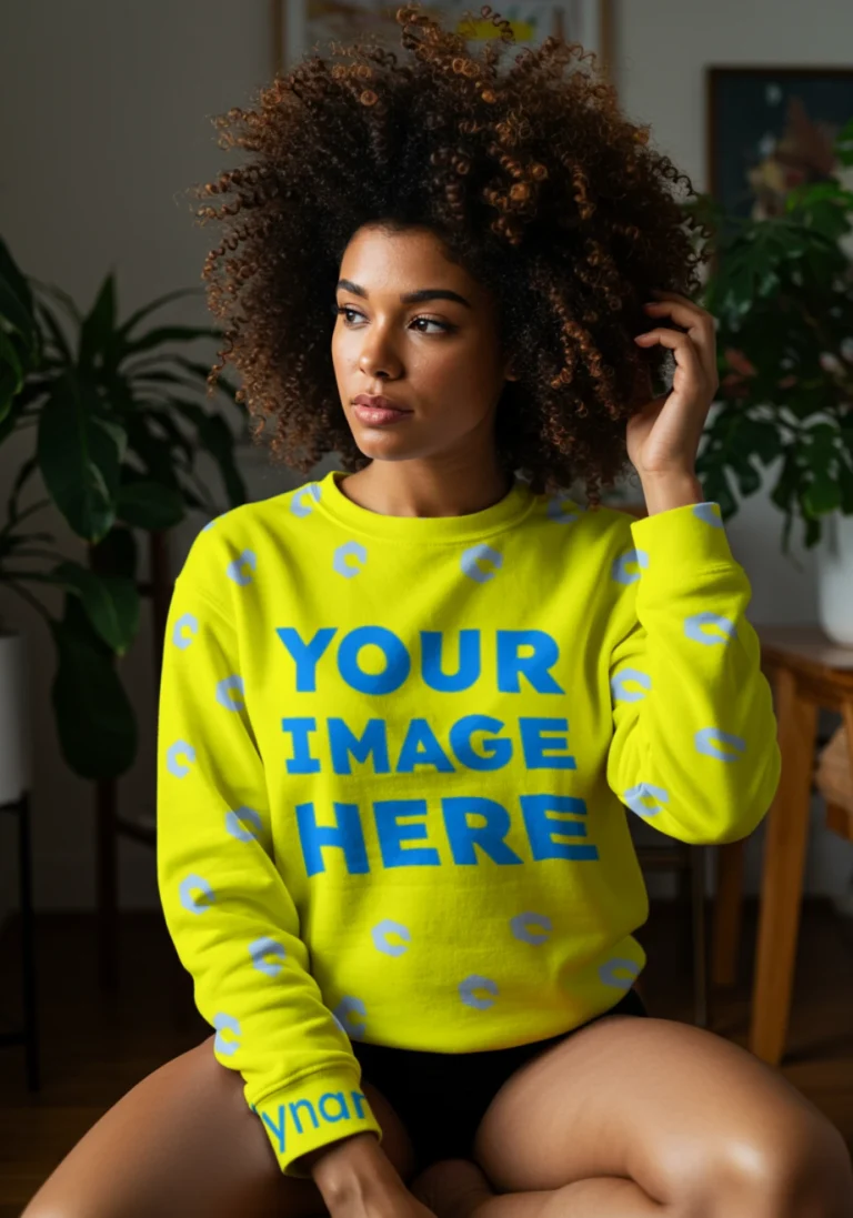 Woman Wearing Yellow Sweatshirt Mockup Front View Template
