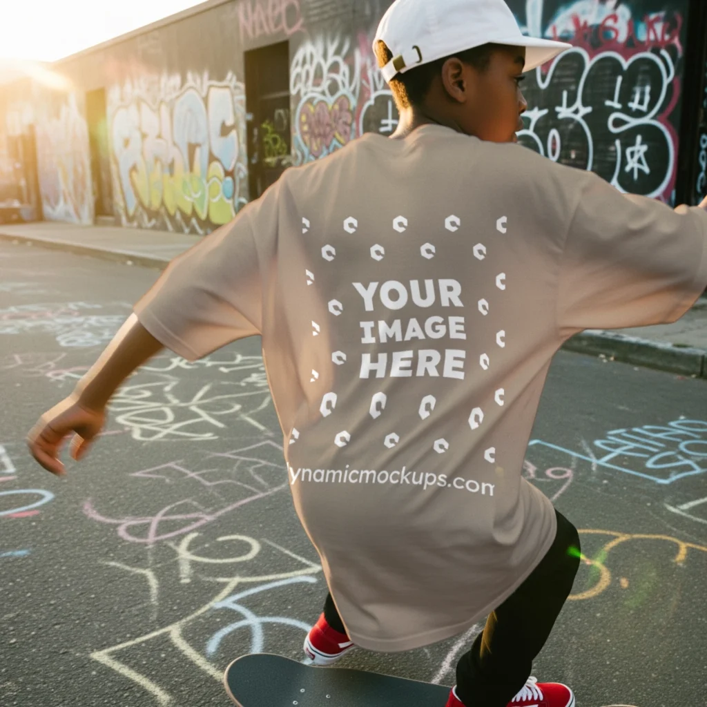 Boy Wearing Beige T-shirt Mockup Back View Template