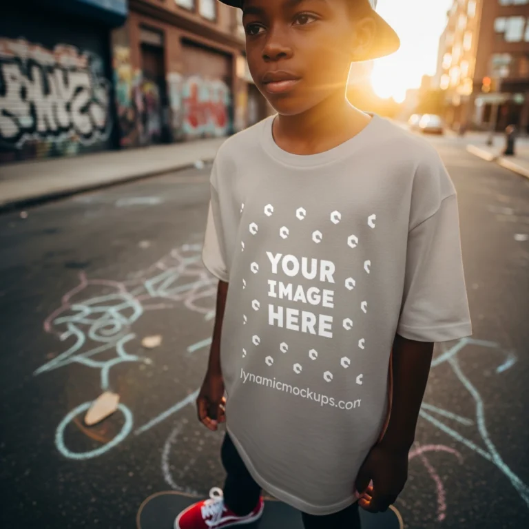Boy Wearing Beige T-shirt Mockup Front View Template