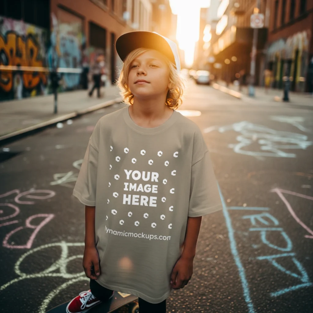 Boy Wearing Beige T-shirt Mockup Front View Template