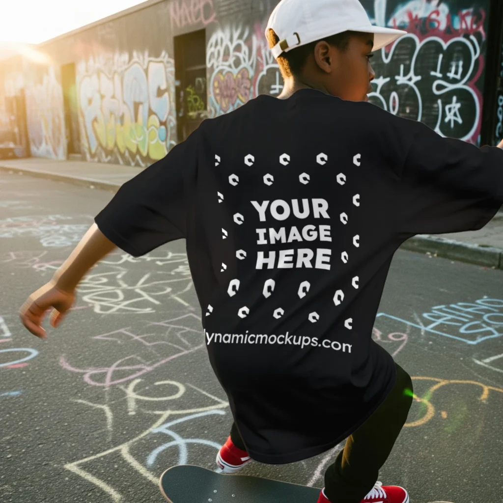 Boy Wearing Black T-shirt Mockup Back View Template