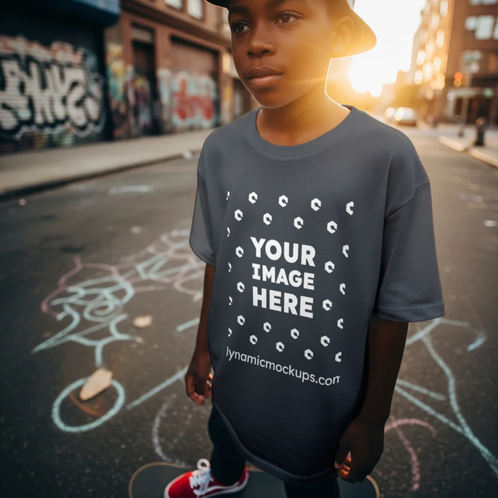Boy Wearing Black T-shirt Mockup Front View Template