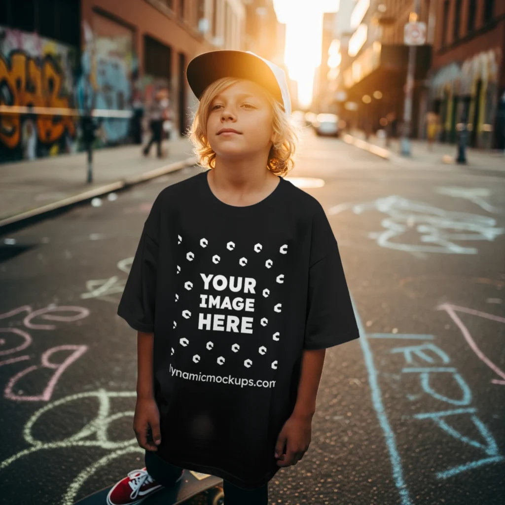 Boy Wearing Black T-shirt Mockup Front View Template