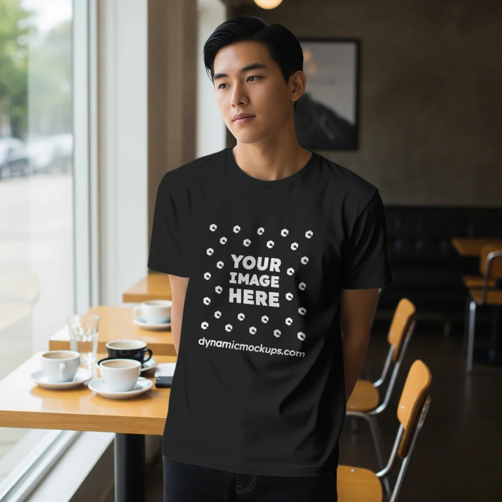 Boy Wearing Black T-shirt Mockup Front View Template