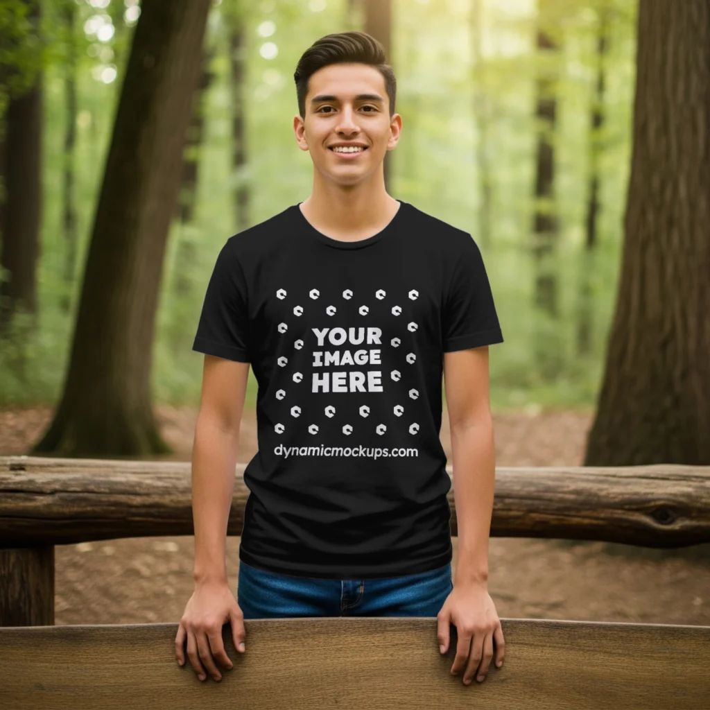 Boy Wearing Black T-shirt Mockup Front View Template