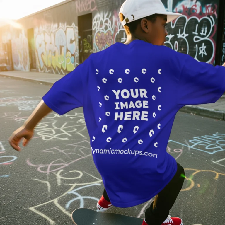 Boy Wearing Blue T-shirt Mockup Back View Template