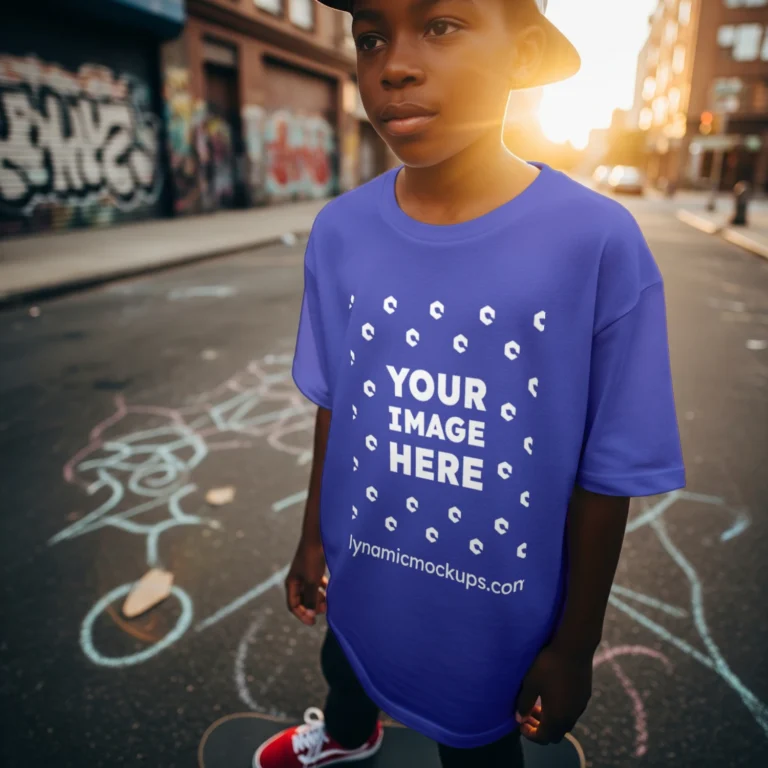 Boy Wearing Blue T-shirt Mockup Front View Template