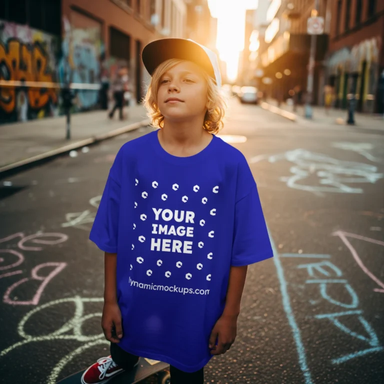 Boy Wearing Blue T-shirt Mockup Front View Template
