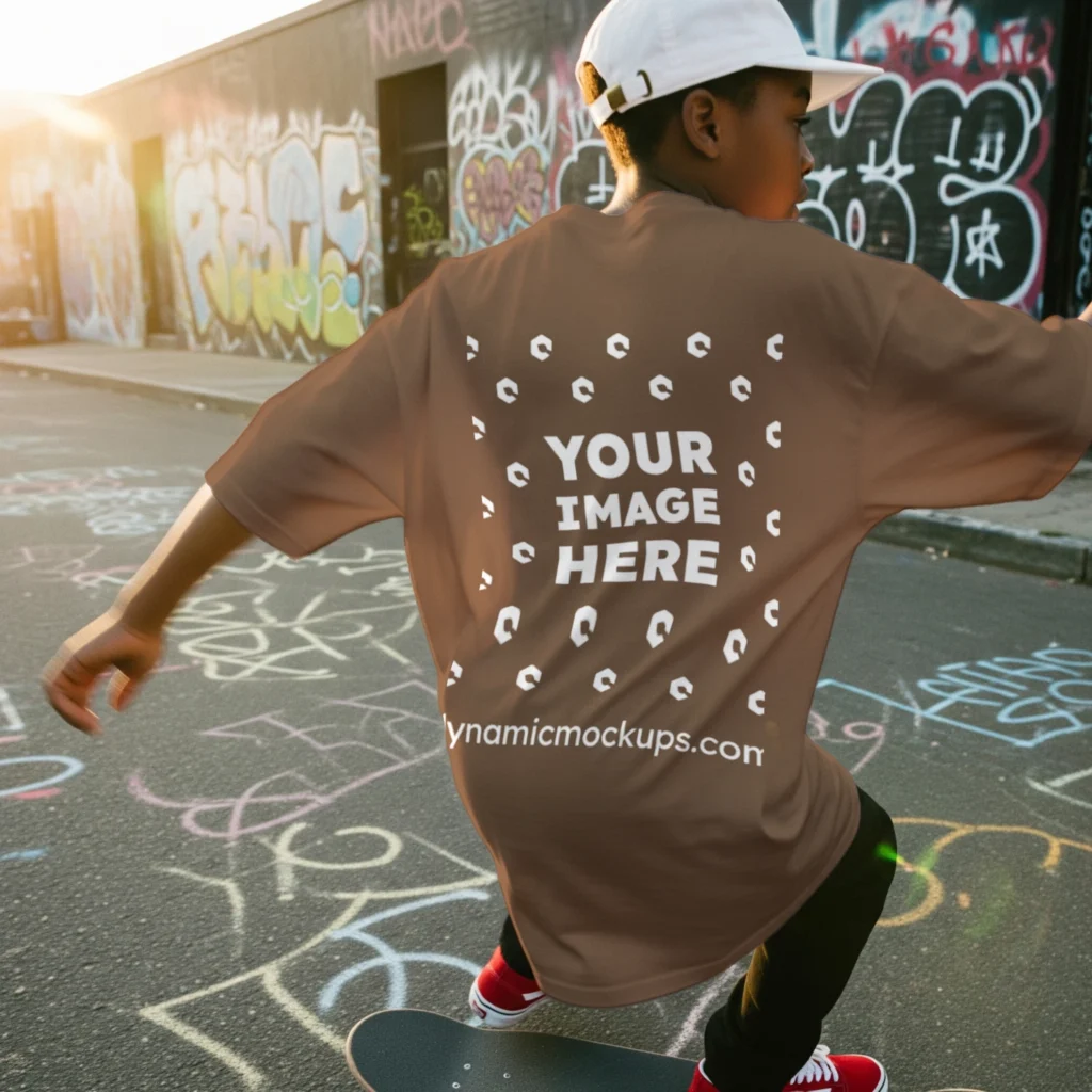 Boy Wearing Brown T-shirt Mockup Back View Template