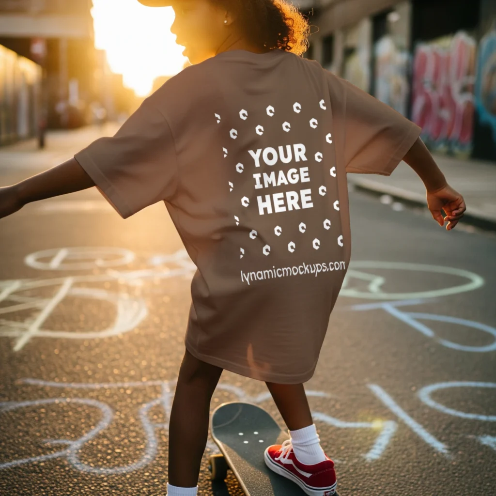 Boy Wearing Brown T-shirt Mockup Back View Template