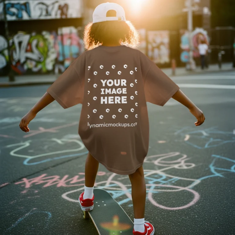 Boy Wearing Brown T-shirt Mockup Back View Template