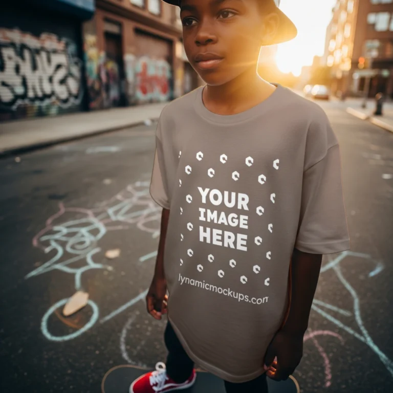Boy Wearing Brown T-shirt Mockup Front View Template