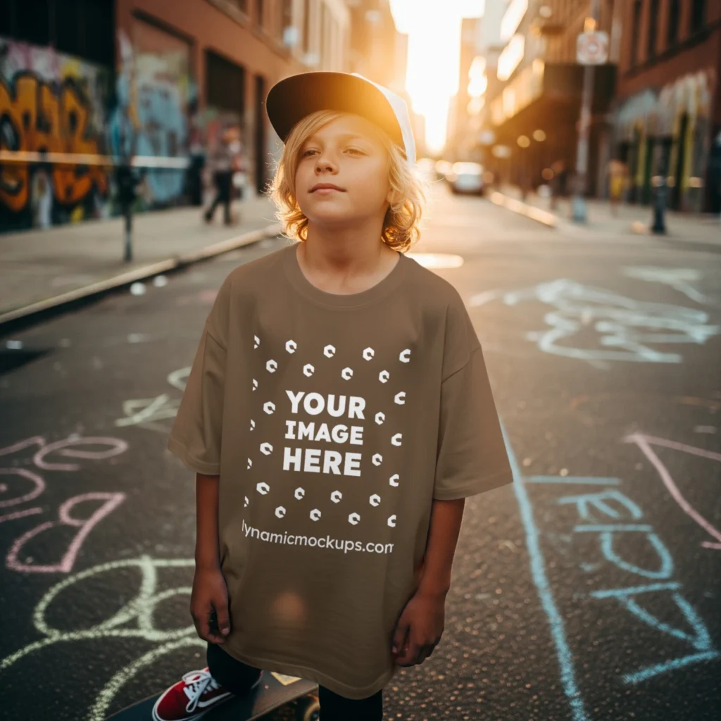 Boy Wearing Brown T-shirt Mockup Front View Template
