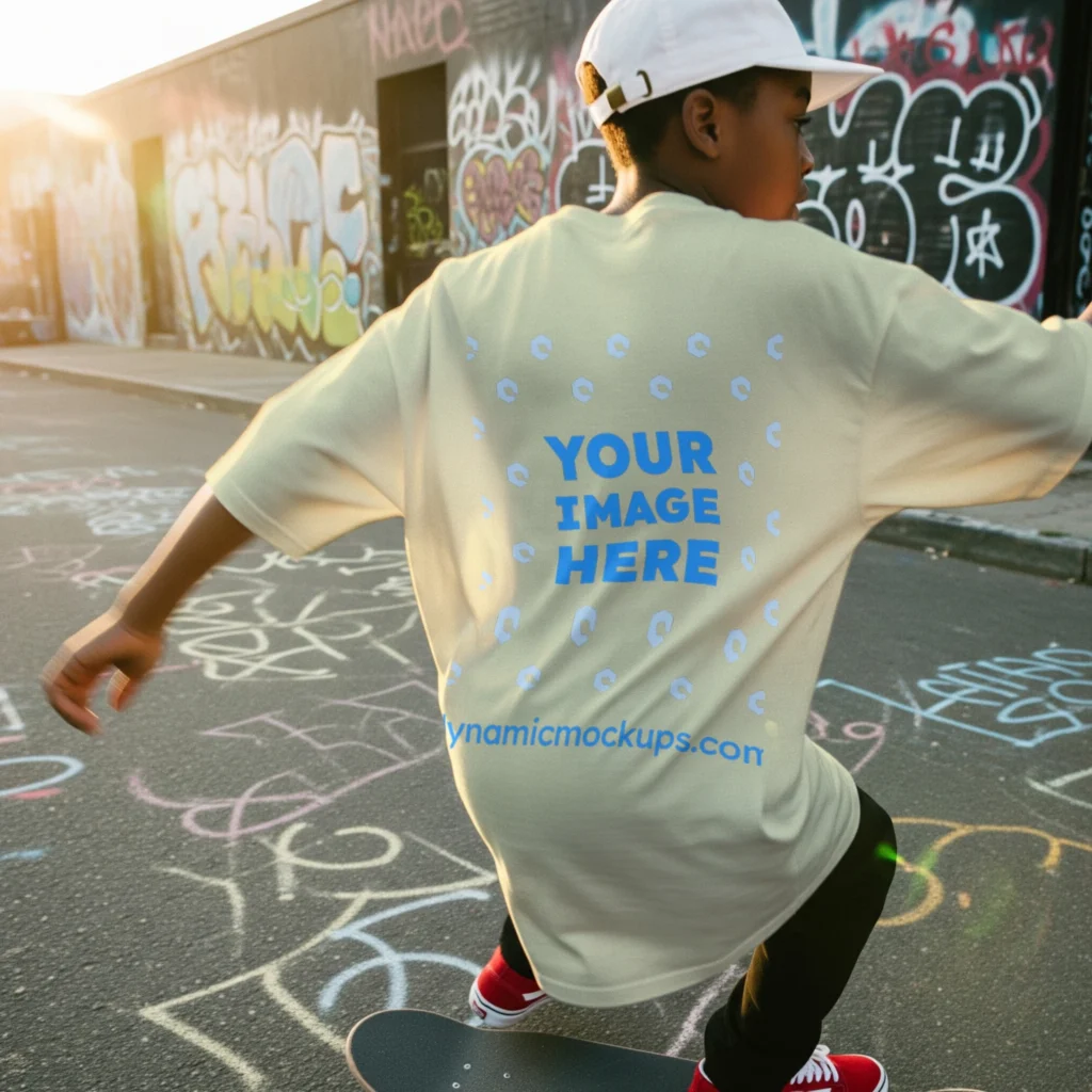 Boy Wearing Cream T-shirt Mockup Back View Template