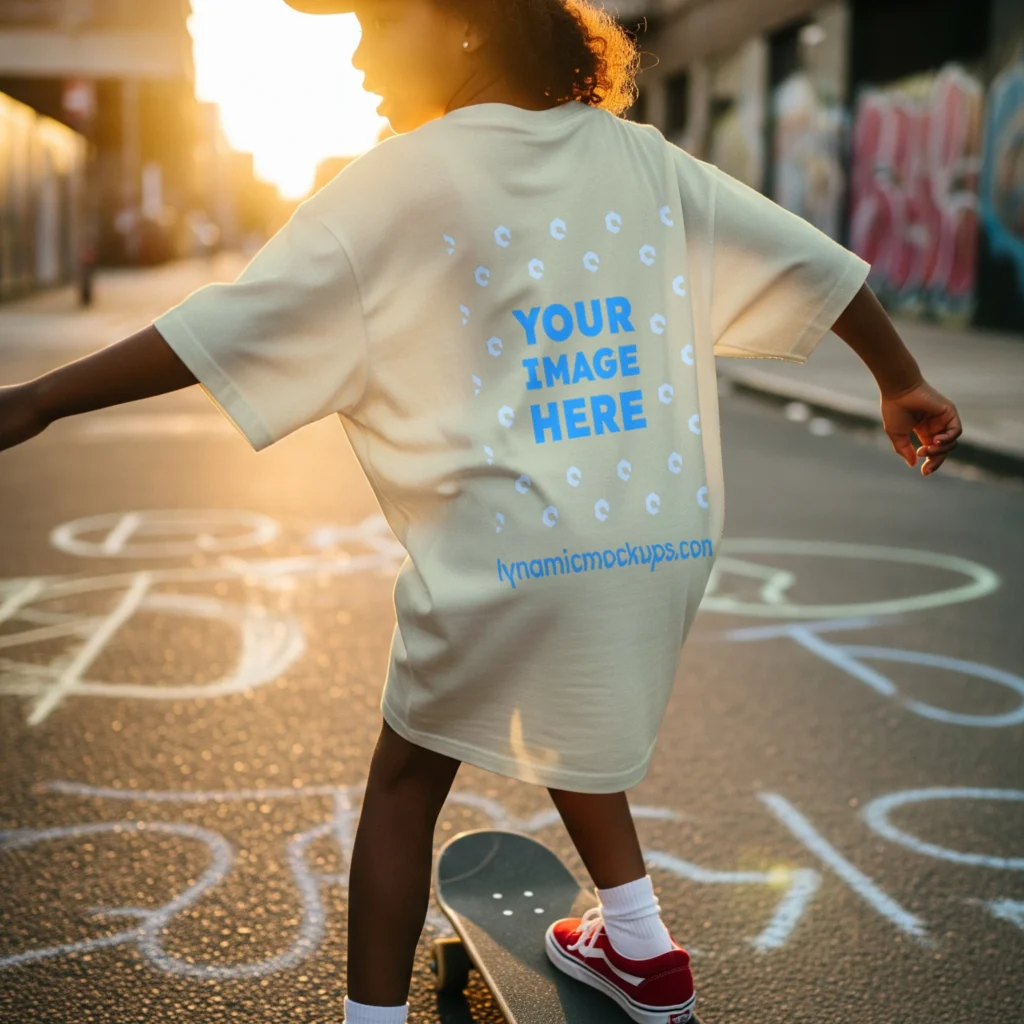 Boy Wearing Cream T-shirt Mockup Back View Template