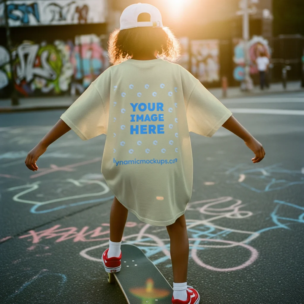 Boy Wearing Cream T-shirt Mockup Back View Template