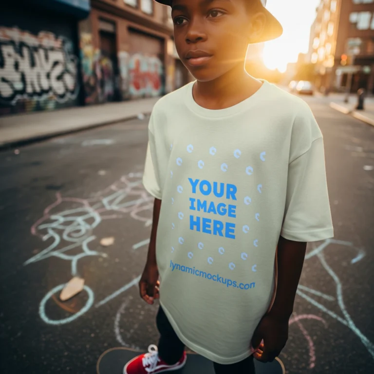 Boy Wearing Cream T-shirt Mockup Front View Template