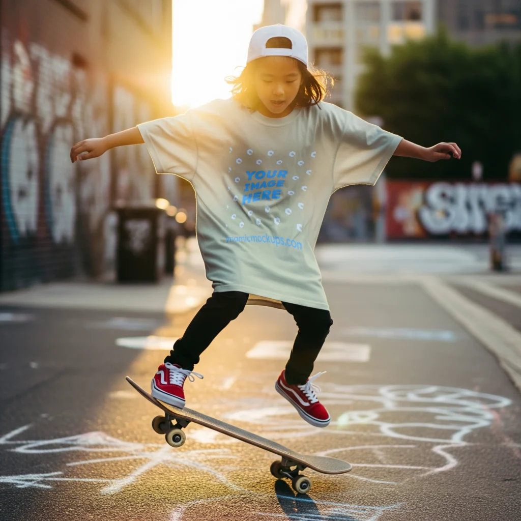 Boy Wearing Cream T-shirt Mockup Front View Template