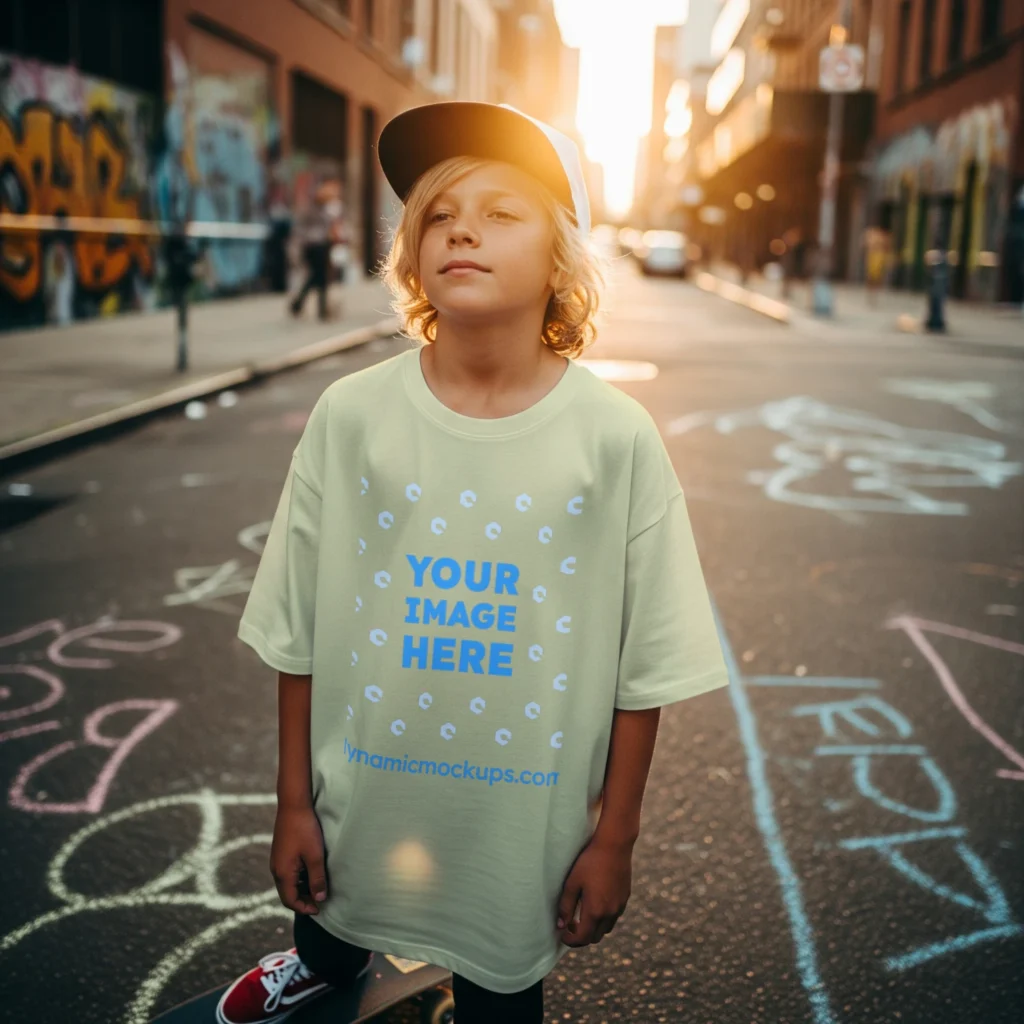 Boy Wearing Cream T-shirt Mockup Front View Template