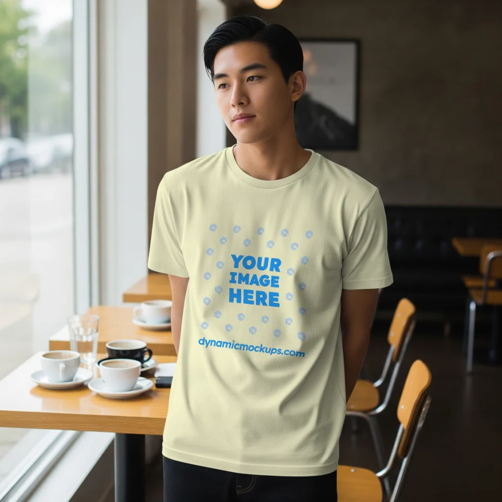 Boy Wearing Cream T-shirt Mockup Front View Template