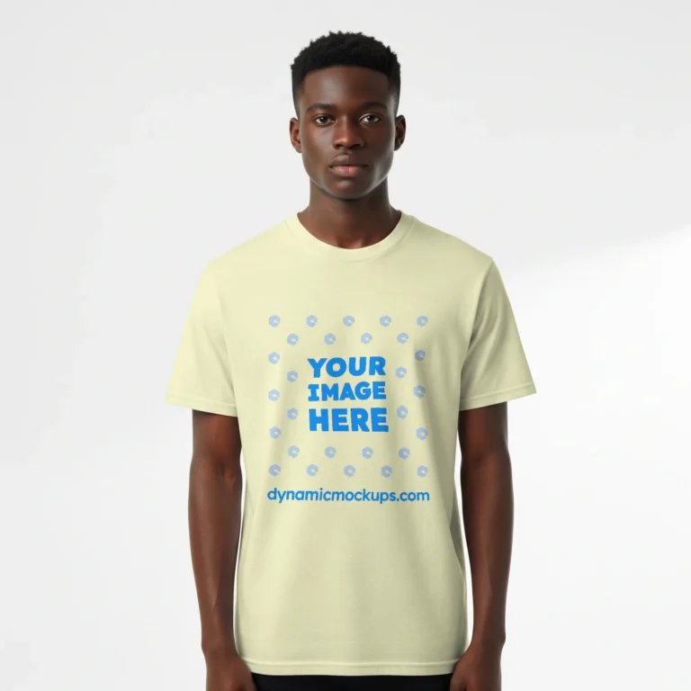 Boy Wearing Cream T-shirt Mockup Front View Template