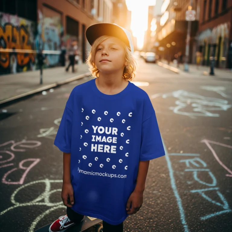 Boy Wearing Dark Blue T-shirt Mockup Front View Template