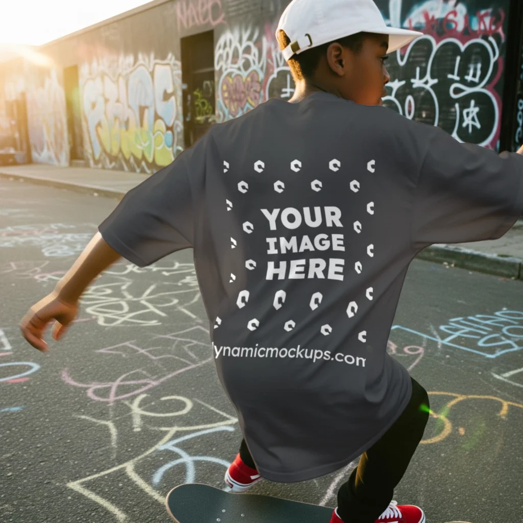 Boy Wearing Dark Gray T-shirt Mockup Back View Template