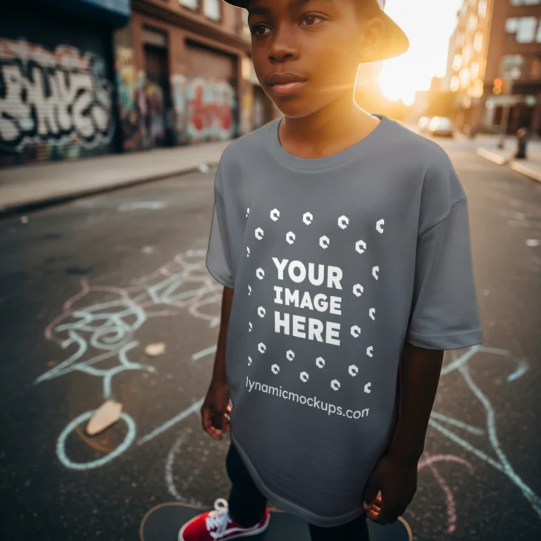 Boy Wearing Dark Gray T-shirt Mockup Front View Template
