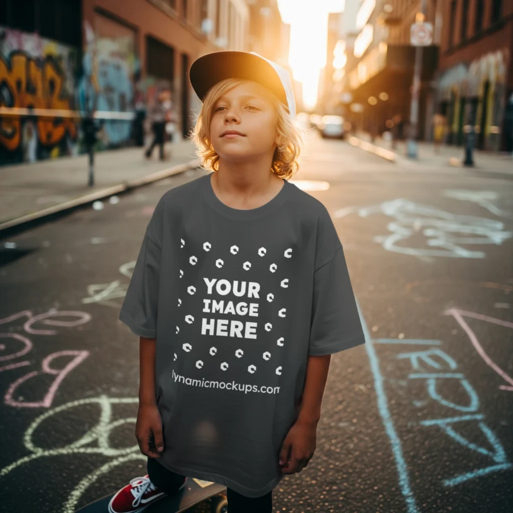 Boy Wearing Dark Gray T-shirt Mockup Front View Template