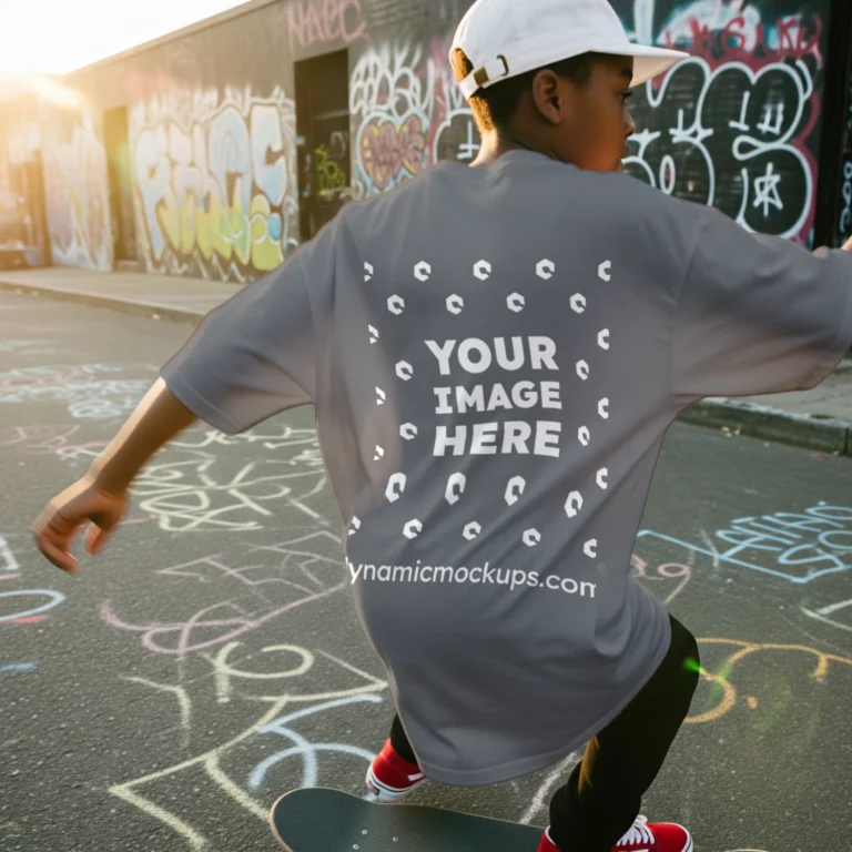 Boy Wearing Gray T-shirt Mockup Back View Template